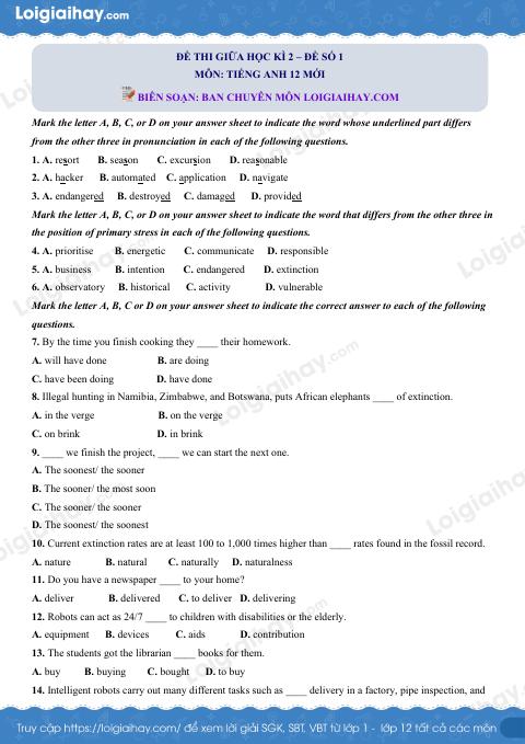 Đề số 1 - Đề kiểm tra giữa kì 2 - Tiếng Anh 12 mới